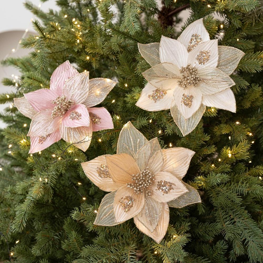 Artificial Magnolia Flowers Christmas Ornaments Glitter Decorations