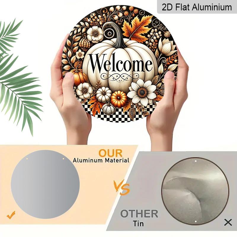 2D Flat Aluminum Decorative Plaques and Ornaments Sign, Welcome White Pumpkin Fall Floral Ornament, Black Checkered Farmhouse Wall Decor, Indoor