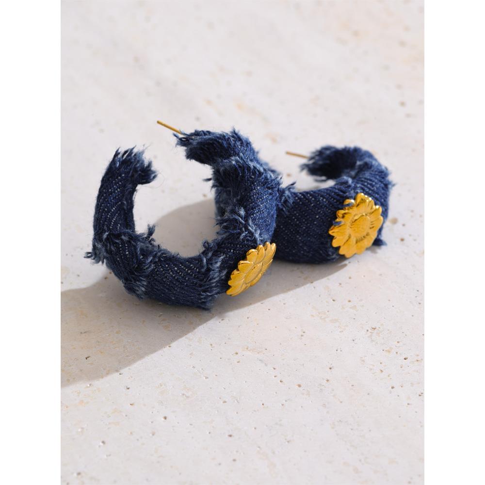 Eetit Creative Blue Denim Flower C Shape Hoop Earrings Women Stainless Steel Popular Jewelry Autumn & Winter New 2025 Wholesale