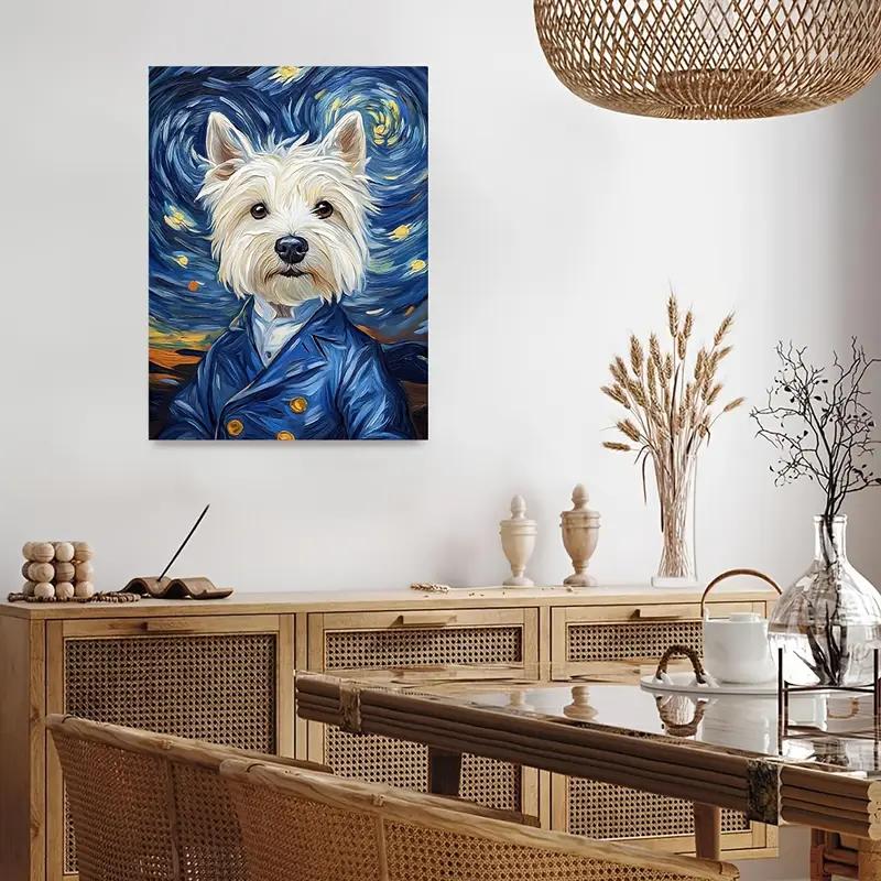 Van Gogh-Style West Highland White Terrier (Westie) Dog - Hand-Painted-Look No Framed Canvas Art