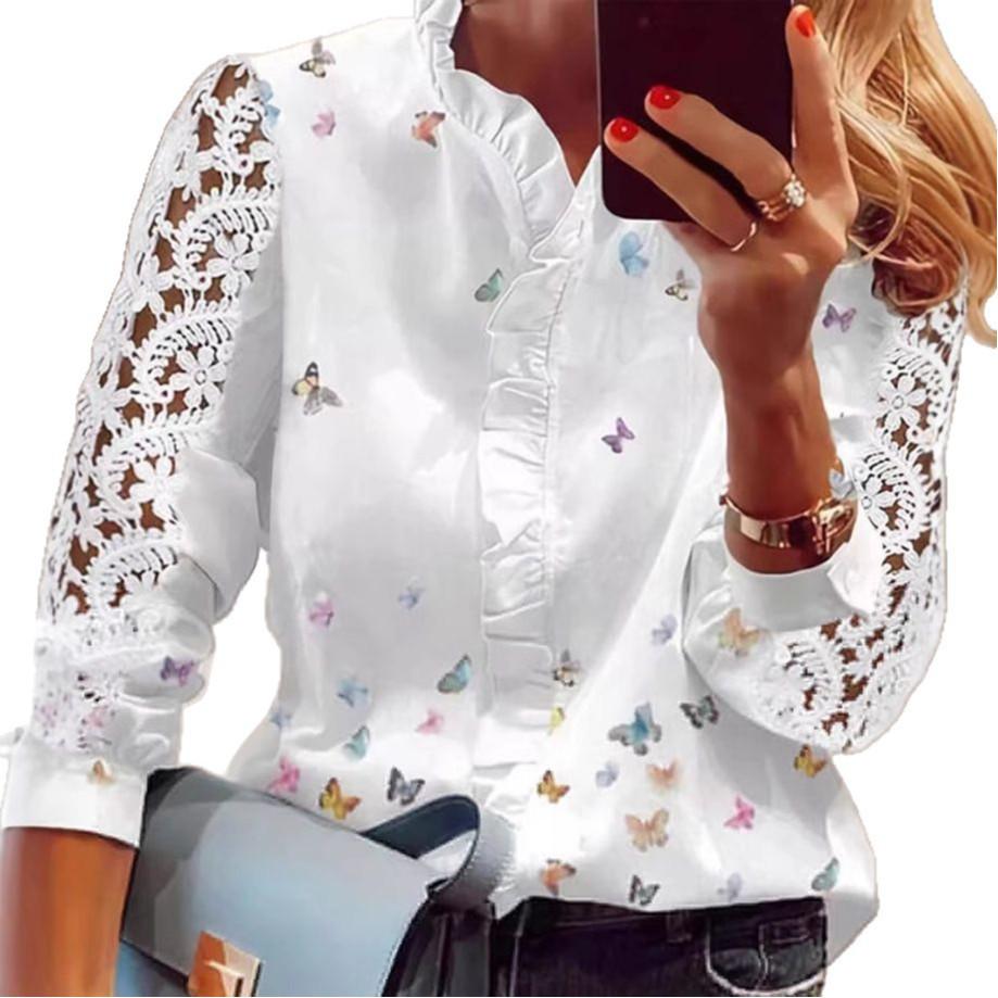 European & American Lace Patchwork Print Women's Shirt