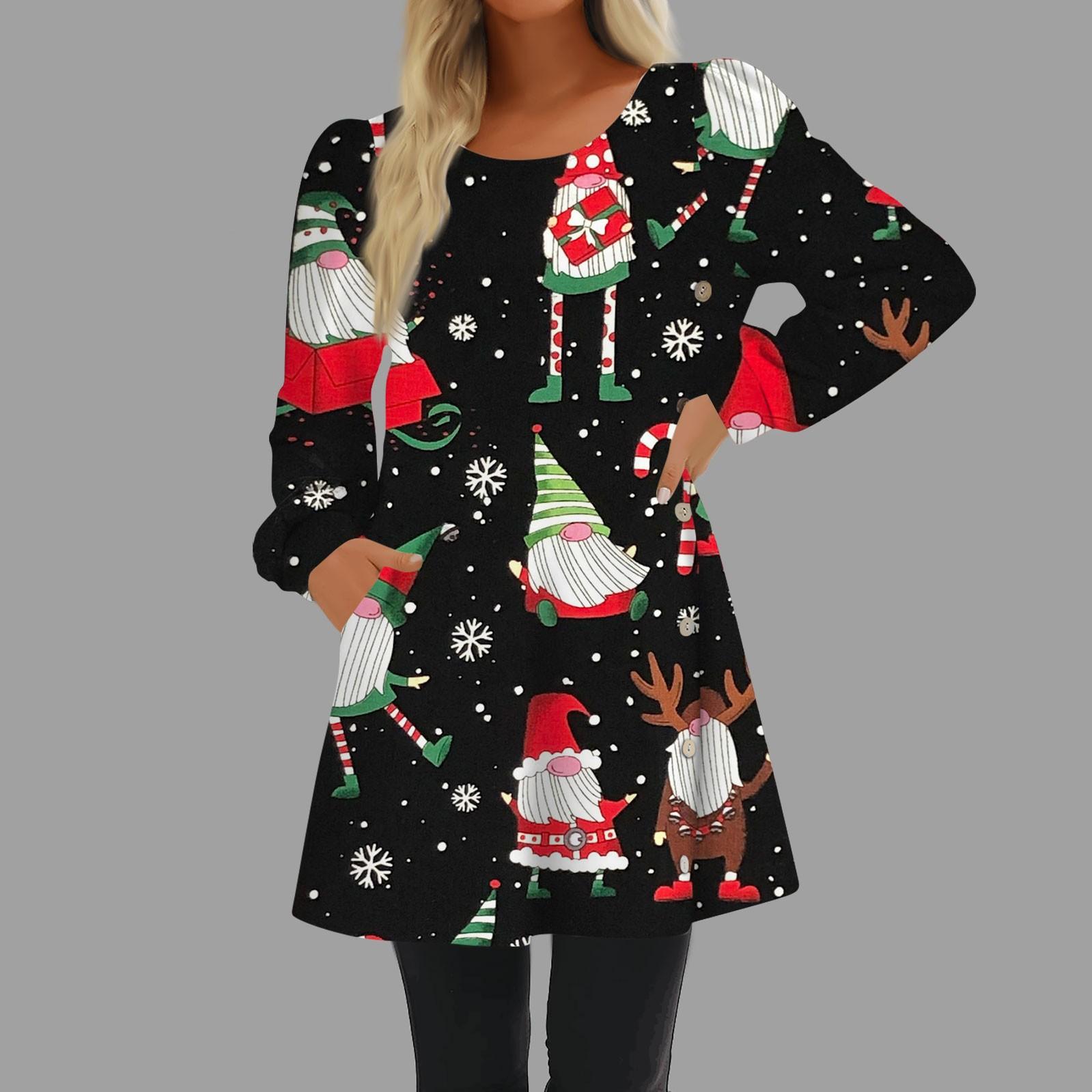 

Модное женское повседневное свободное платье с круглым вырезом и рождественским принтом на пуговицах с длинным рукавом чёрный
