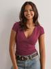Women's V Neck Short Sleeve Tee Slim Fit Trendy Wrap Top Solid Color Y2K Soft Polyester Spandex Casual T-Shirt