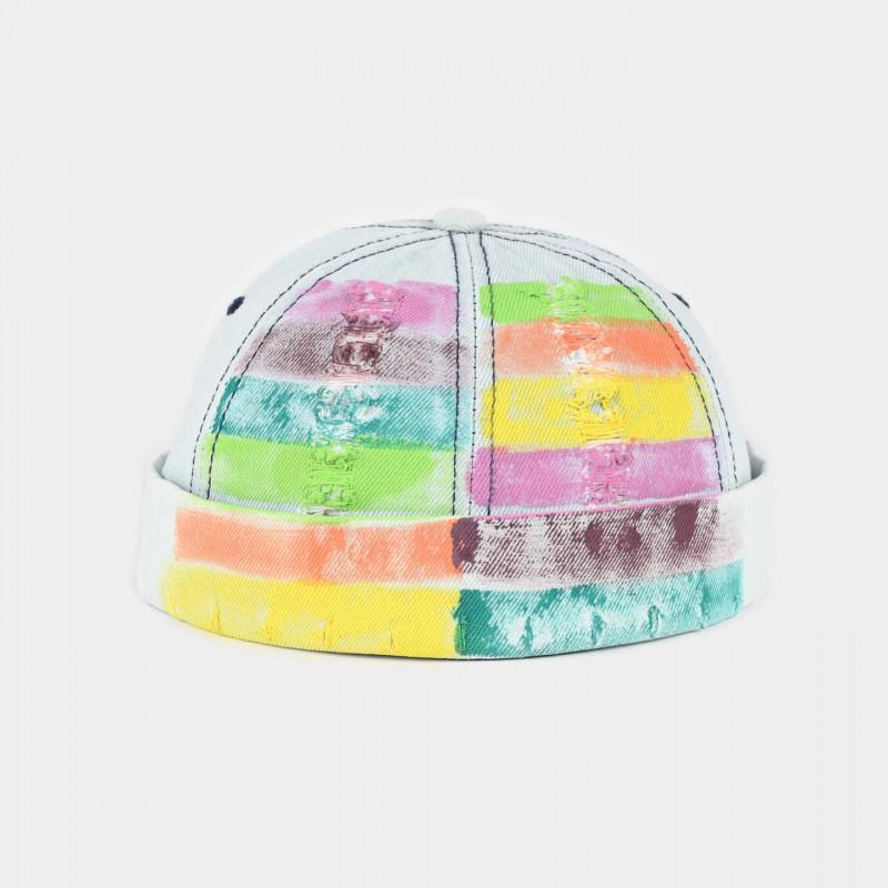Vintage Distressed Denim Cap With Hand-Painted Colorful Stripes Unisex Adjustable Flat Top Hat Streetwear Hip Hop Style