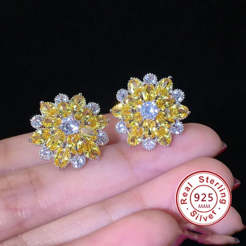 Cute Big AAAAA Bling Cubic Zirconia 925 Silver Needle Stud Earrings Fashionable Flower Earring for Women Jewelry Gift Brincos