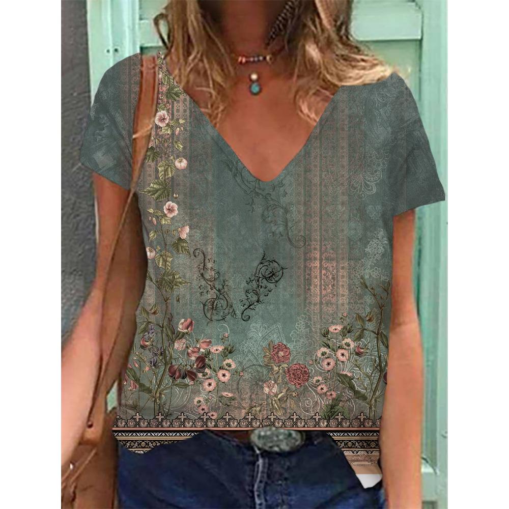 Women's T-shirts Summer Gradient Graphics Tops V Neck Fashion Female Vintage Clothing Floral Print