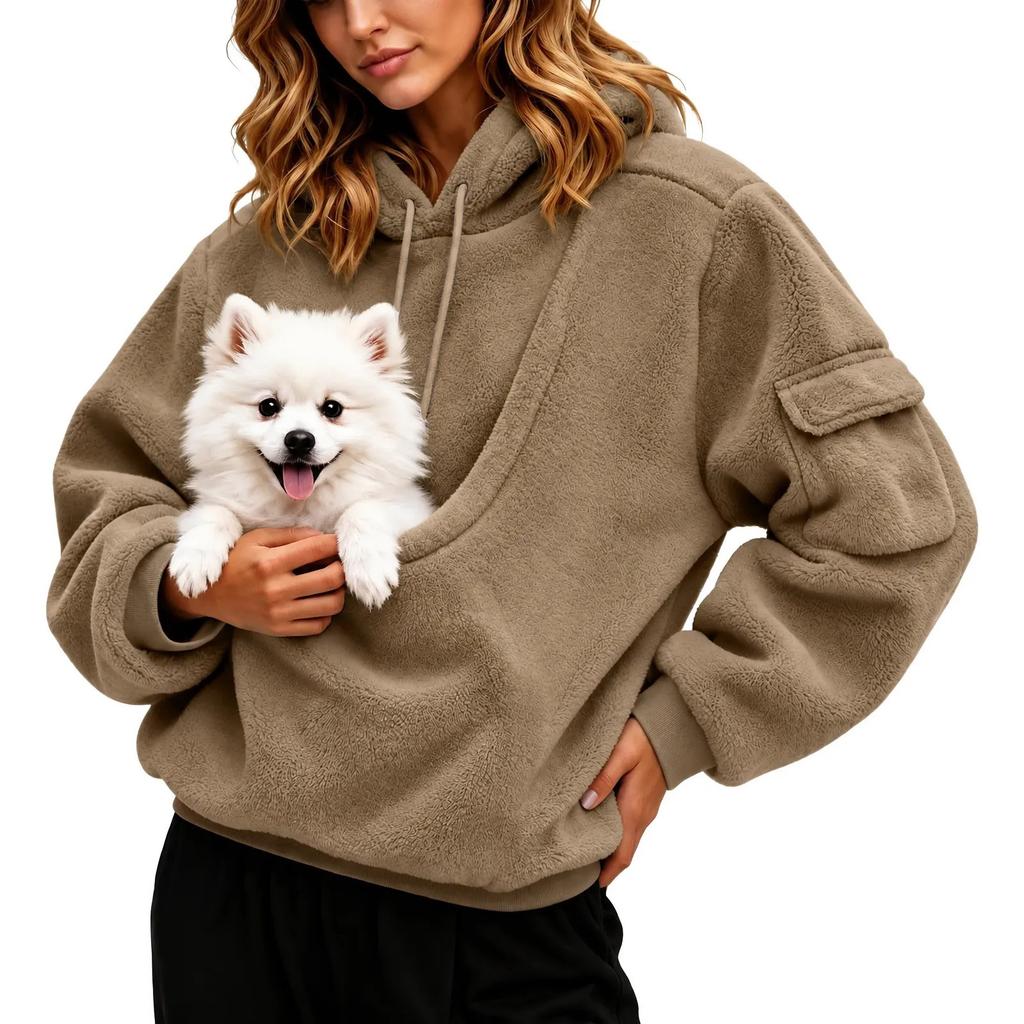 Felpa Casual da Donna in Flanella con Tasca per Animali, Manica Lunga, Pullover