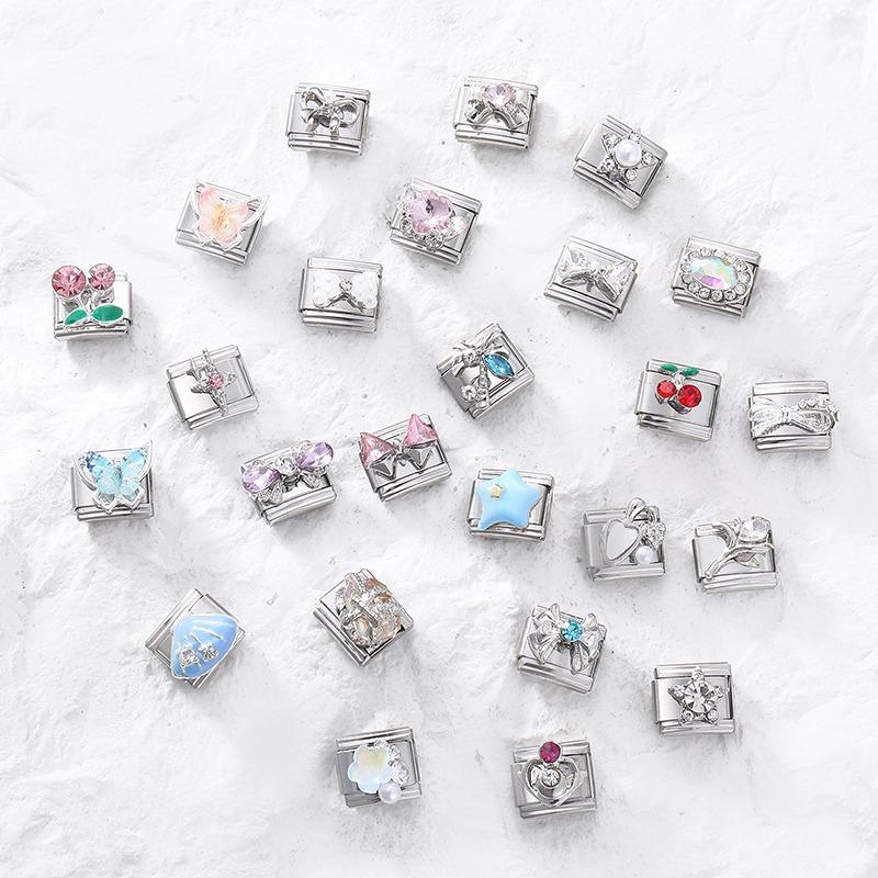 Zircon Star Heart Bow Moon Cherry Moon Italian Charm Links Fit 9mm Stainless Steel Bracelet Women Jewelry DIY Making Gifts