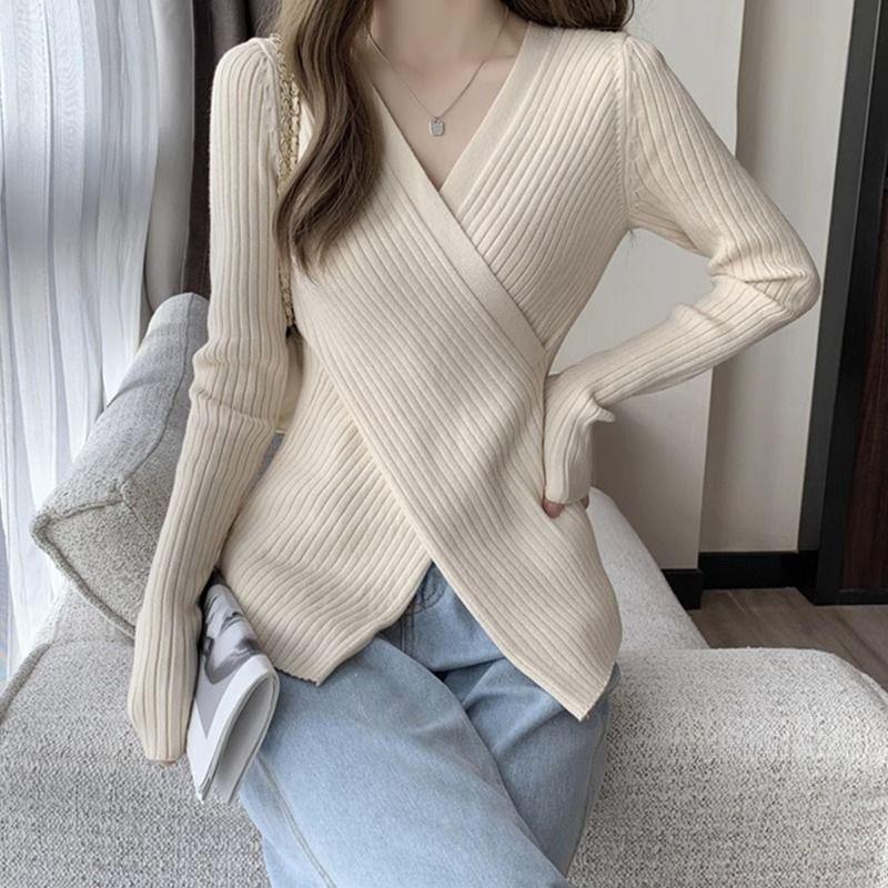 Women's Knitted Sweater Undershirt Autumn and Winter Slim V-neck Cross Irregular Sweater Knitted Bottoming Shirt