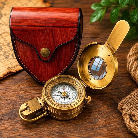 Brass Compass, Nautical Navigation Tool, Leather Case