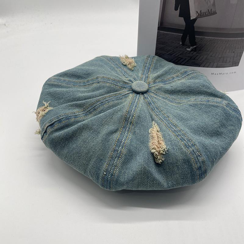 Denim Ripped Beret Women's Spring and Summer New Versatile Cloud Hat Retro Washing and Old Face Showing Small Star Anise Hat