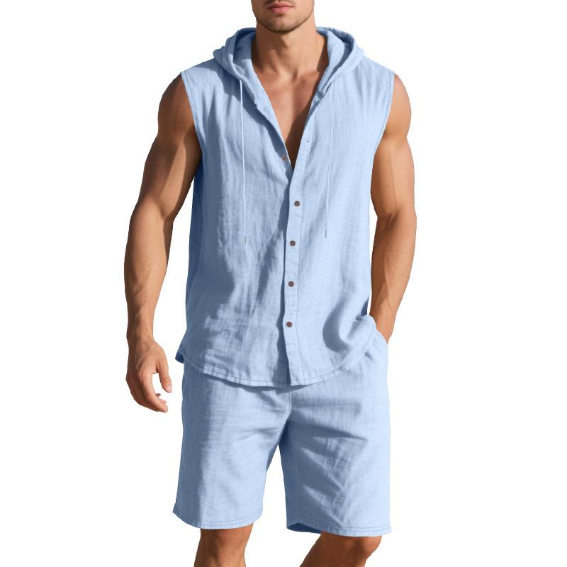 Summer Men's Summer Loose Casual Simple Hooded Sleeveless Shirt Shorts Two-piece Set