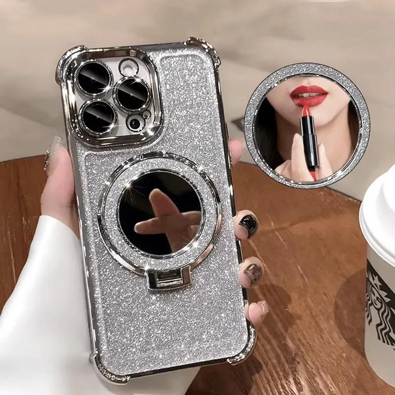 Luxury For Magsafe Wireless Charging Glitter Phone Case For iPhone 17 16 11 12 13 14 15Pro Max Plus Plating Airbag Bracket Cover