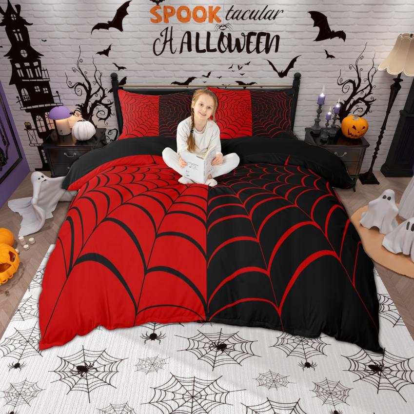 Homewish Spider Web Duvet Cover Set, Happy Halloween Theme Bedding Set, Reversible Comfoter Cover Set