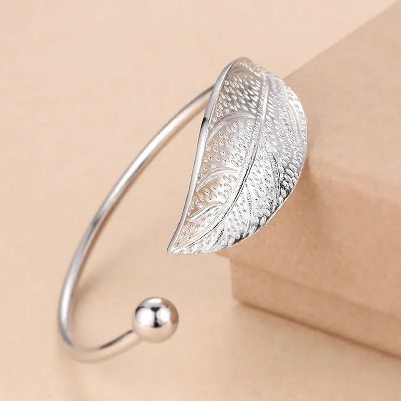 Fashion 925 Silver Cuff Bracelet For Woman Open Luxury Leaf Shaped Adjustable Charm Bangle Bracelets Party Jewelry Gift