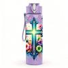 1PC Color Floral Christian Cross Print 750ml Color Plastic Sports Water Bottle Leakproof Flip Straw Lid Suitable for Sports Office Home Use
