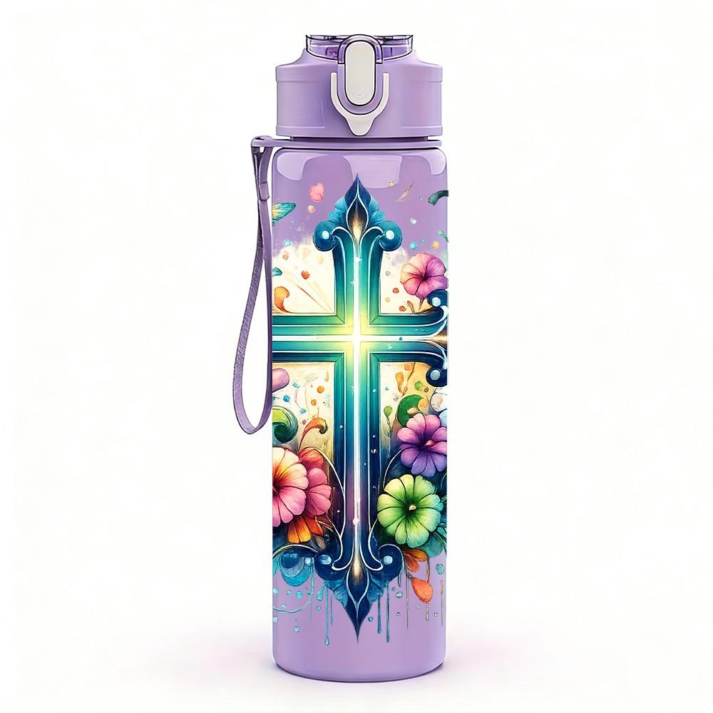 1PC Color Floral Christian Cross Print 750ml Color Plastic Sports Water Bottle Leakproof Flip Straw Lid Suitable for Sports Office Home Use