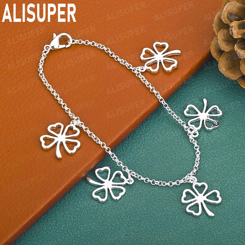 925 Sterling Silver Four-Leaf Clover Side Chain Exquisite Bracelet Gift Jewelry