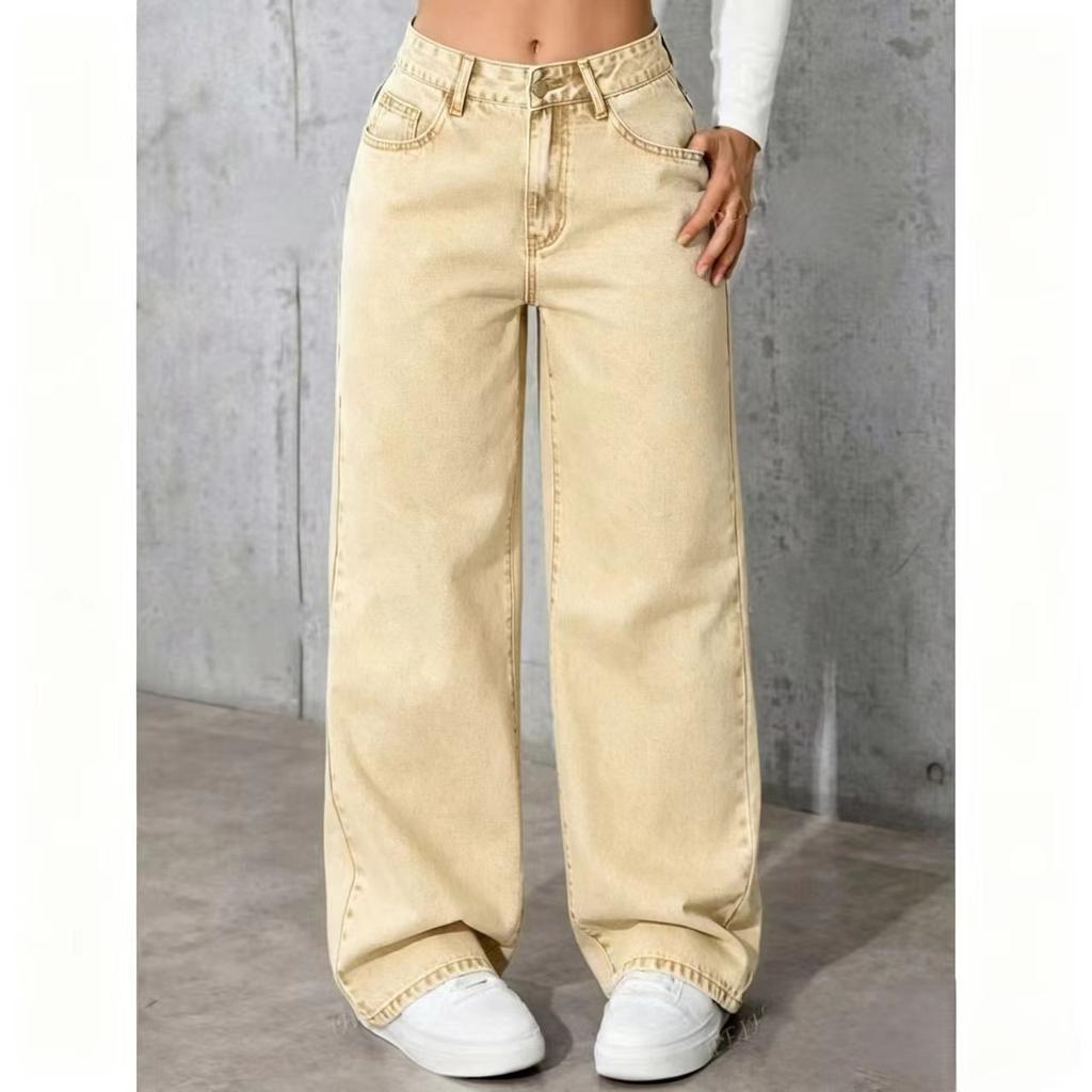Pantaloni Denim a Vita Alta da Donna Jeans Elasticizzati a Gamba Larga con Tasche