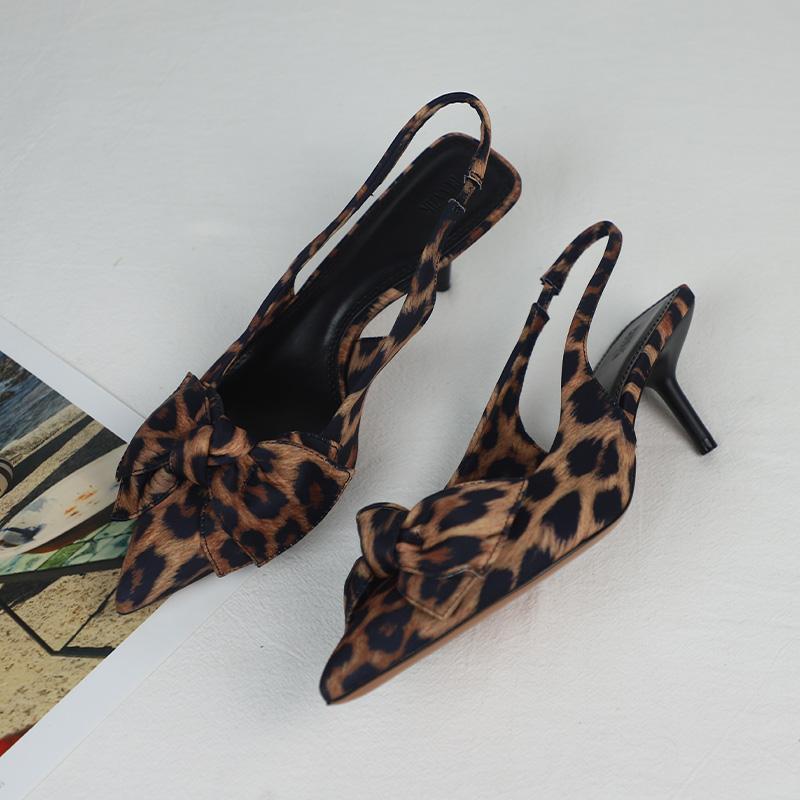 Fashion Summer Sexy Leopard Print Ladies High Heels Sandals Brand Designer Elegant Bowknot Pointed Toe Dress Party Stiletto Women Shoes