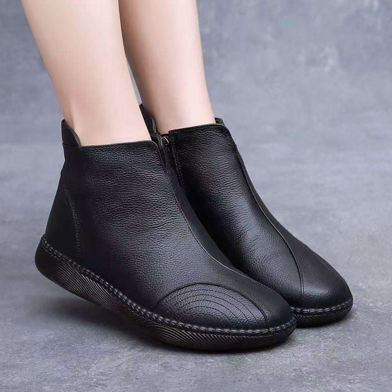 Women Winter New Genuine Leather Ankle Cotton Boots Soft Sole Soft Face Flat Sole Non Slip Plush Keep Warm High Top Cotton Shoes