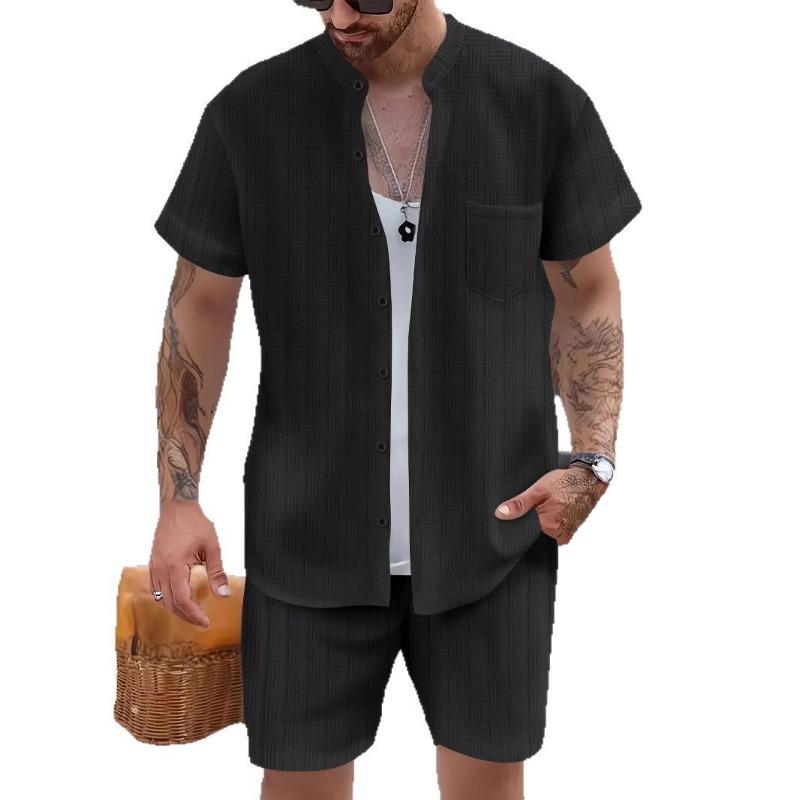 Men Casual Summer Short Sleeve Shirt And Shorts Henley Neck Pocket Beach Clothing Set