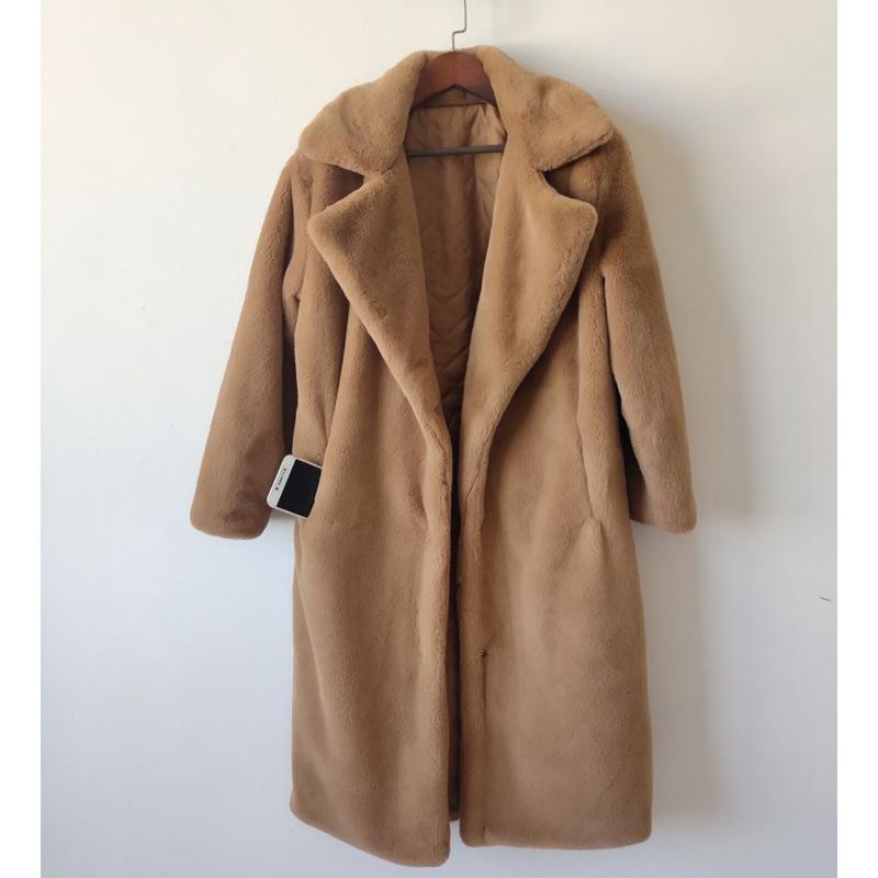 Ropa de Invierno Mujer Largo Grueso Cálido Suave Colorido Esponjoso Talla Grande Abrigo de Piel Sintética de Conejo Rex Mujer Solapa