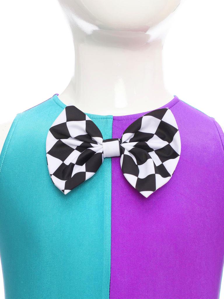 Girls Mad Costume: Sleeveless Stripes Checkerboard Bow Knot Tutu Bodysuit for Fairytale Tea Party Dress Up
