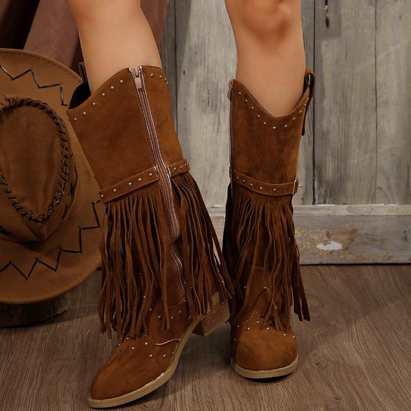 Plus Size Women's Riding Boots with Fringe Retro Style Fall/Winter New Arrival Studded Buckle Mid-Calf Boots