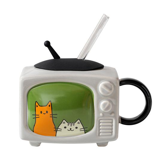 Retro Cat TV Ceramic Mug with Lid & Straw 450ml Cute Coffee Cup Leak-Proof Heat Resistant TV Shape Milk Beer Mugs Novelty Gift Home Decor