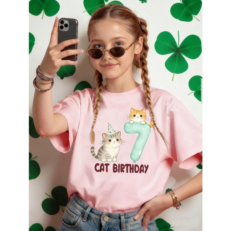 Girls Cat Birthday Cute Floral Print Crewneck T-Shirt, Spring Summer Versatile Kids Tee