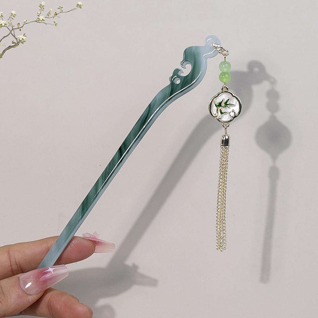 Ancient Chinese Style Hairpins Gradient Green Color Resin Hair Sticks Forks Chain Tassel Pendant Headpieces Hair Bun Maker