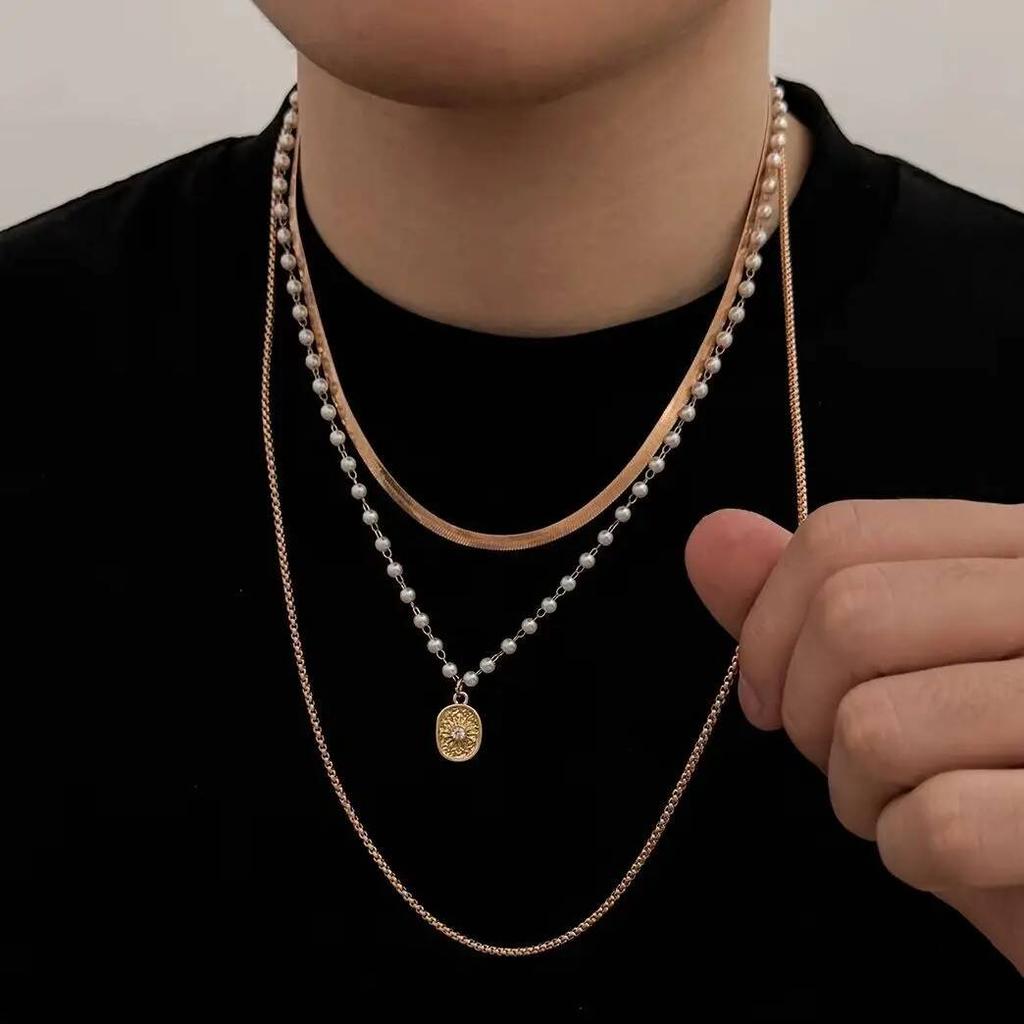 SHIXIN Exquisite 3Pcs/set Trend Imitation Pearl Coin Pendant Choker Necklace Men Punk Adjustable Gold Color Chain Grunge Jewelry