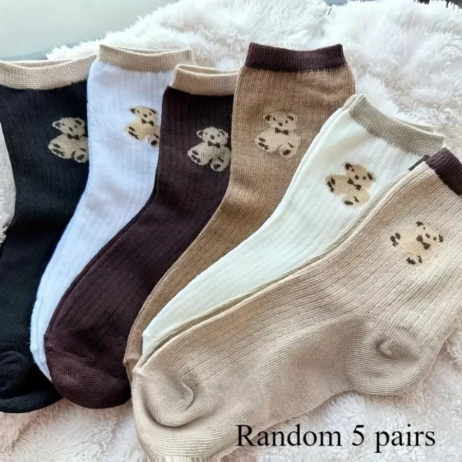 

5 Pairs Of Mixed Color Teddy Bear Mid Tube Socks With Cute Cartoon Pattern Design, Suitable For Casual Wear In All Seasons One Size