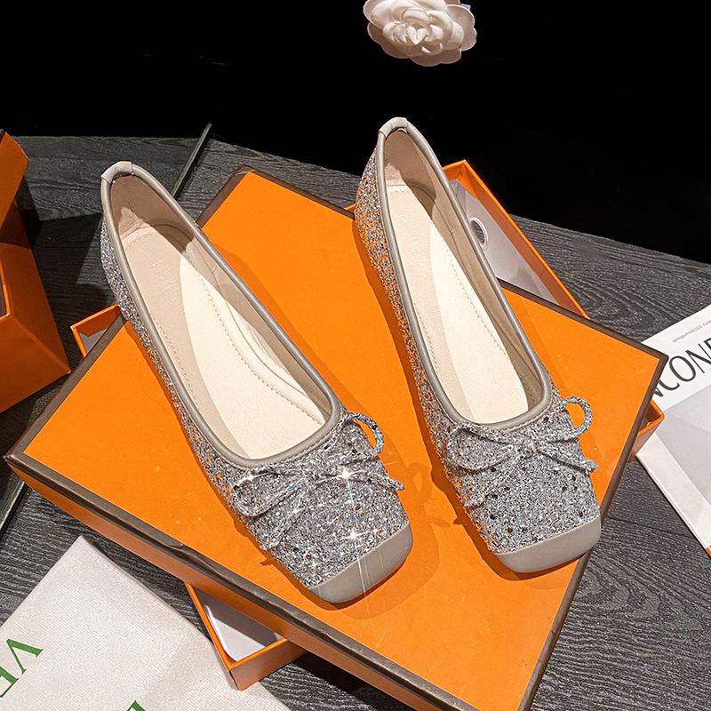 Mode Bling Bling Damen Schleife Ballerinas Schuhe eckige Zehen Leder Patchwork Ballerinas Frau Silber Glitzer Slipper 2025