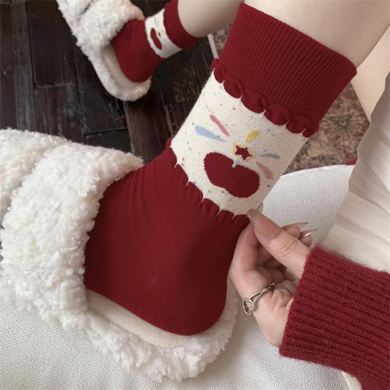 Super Cute Red Socks for Women In Autumn and Winter, Pure Cotton Mid-calf Socks, Cartoon Polka Dot Puppy Dui Dui Socks