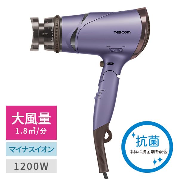 Tescom Hair Dryer, Negative Ion, Foldable, High Airflow, Easy-to-Open Plug, Purple, TD430B-V