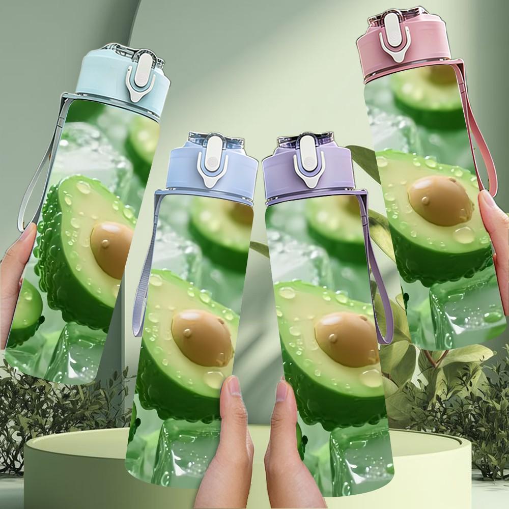 1PC Fresh Sliced Avocado Fruit Print 750ml Color Plastic Sports Water Bottle Leakproof Flip Straw Lid Suitable for Sports Office Home Use