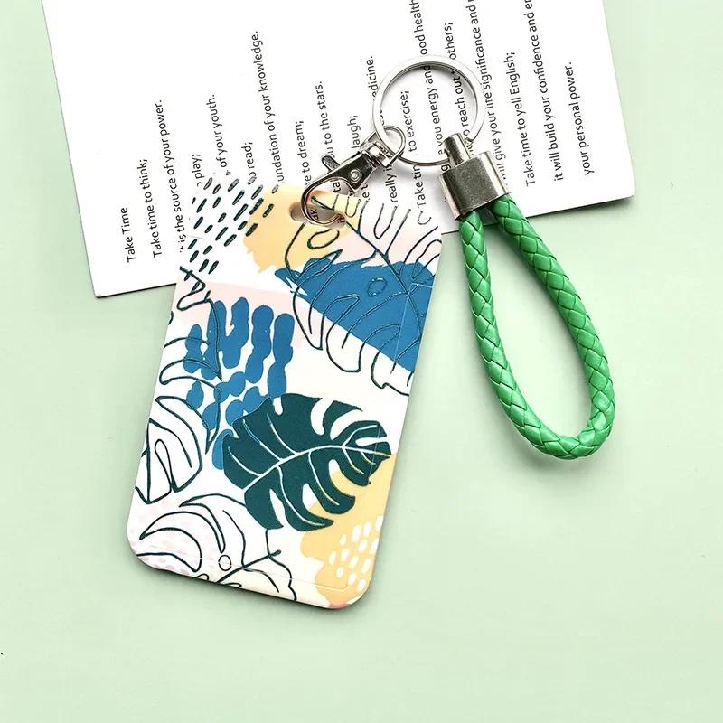 

Women Green Cards Protecting Credit Card Holder with Lanyard String Student Plant Print Bus ID Name Badge Plastic Card Cover