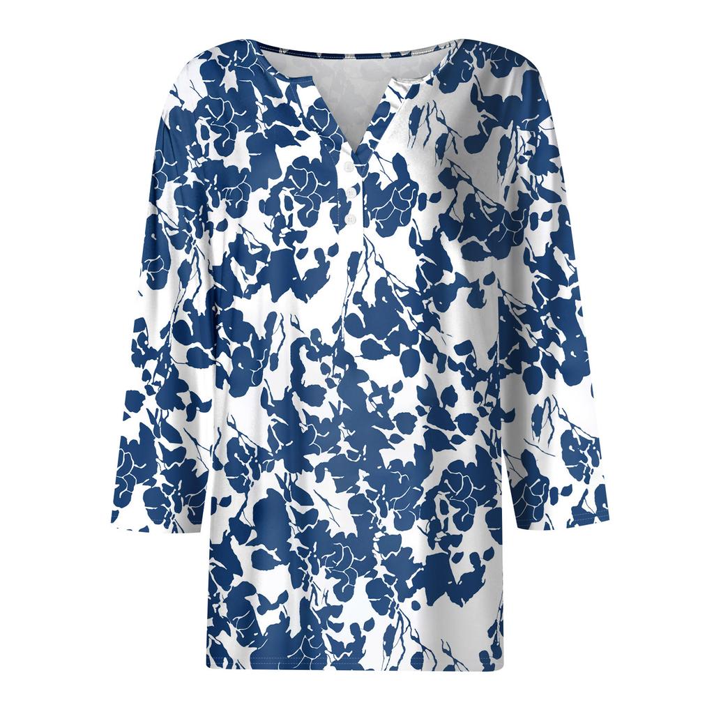Women's Fashion Casual Seven Split Sleeve Burst Vintage Floral Print Pullover Top
