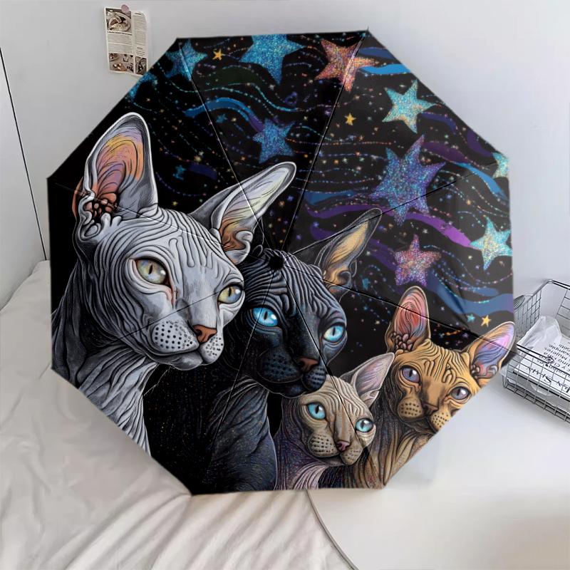 Vzor černá bezsrstá kočka, automatický skládací deštník, přenosný a skládací design, 8 výztuh, vánoční nebo narozeninový dárek.
