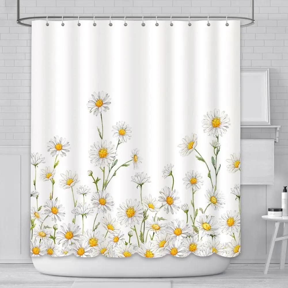 White Daisy Pattern Shower Curtain With Country Style Flower Design Bathroom Shower Curtain With 12 Hooks