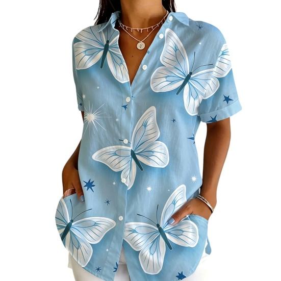 Women Shirt Mid-Length Summer Casual Tops Lapel Collar Short Sleeve Thin Shirt S
