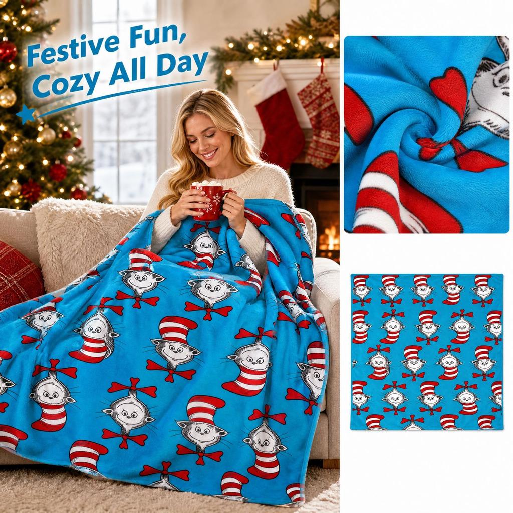 Christmas Flannel Throw Blanket with Wearing a Hat, All-Over Holiday Print Decorative Blanket for Couch, Sofa, Bed and Bedroom