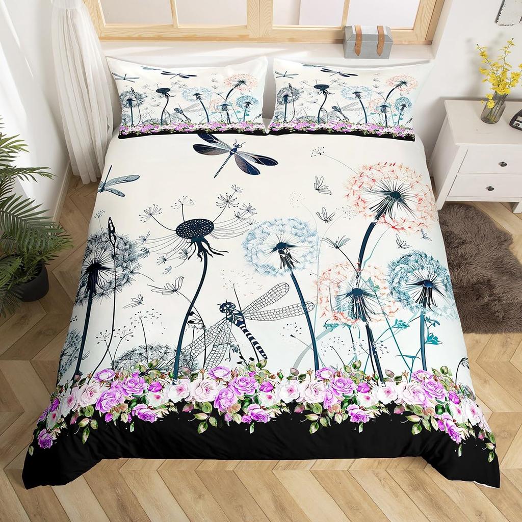 Dandelion Duvet Cover Flower Romance Theme Black and White Bedding Set Boys Girls Teens Microfiber Comforter Cover with Zipper