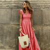 Elegant Plaid Slip Maxi Long Dress Summer Women Strapless Ruffle Backless Pleated Elastic Waist Boho Party Swing Loose Dresses