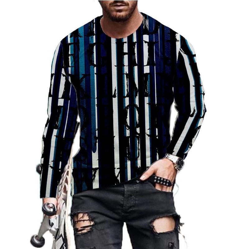 Long Sleeve Striped Men's Fashion T-Shirts Loose Casual Oversize Breathable Tops 3D Printed Letters Street Hip Hop Male Top Tee