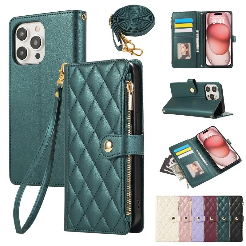 Crossbody Wrist Strap Leather Phone Case for IPhone 16E 17 Ari 16 15 14 13 12 11 Pro Max XS 8 Plus Wallet with Card Holder Cover