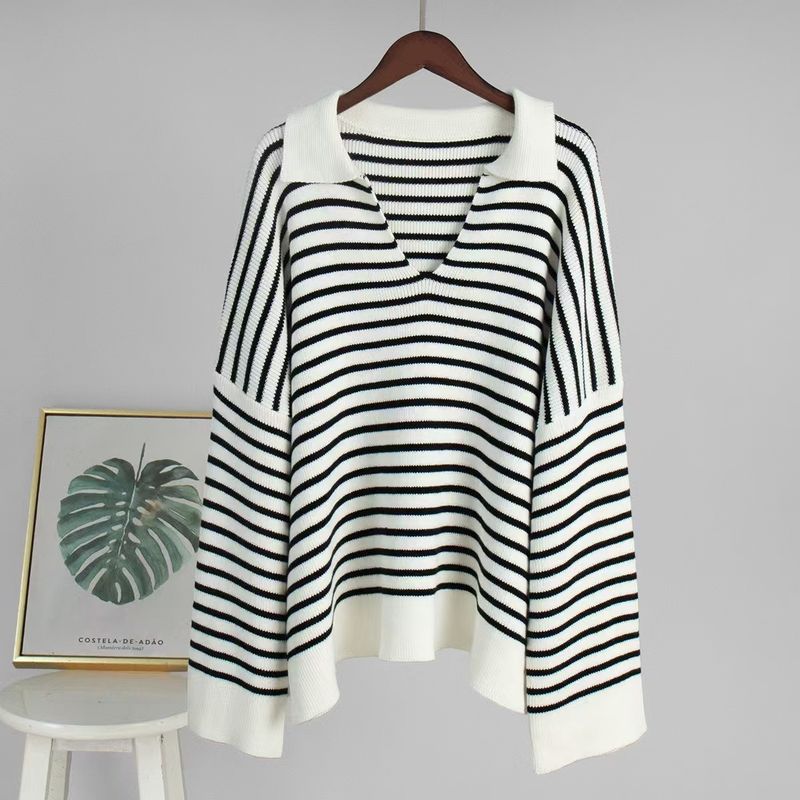 

Fashion Wind Fashion V-neck Long-Sleeve Knitwear Loose Stripes Contrast Color Sweater Loose Striped Sweater Stripes S