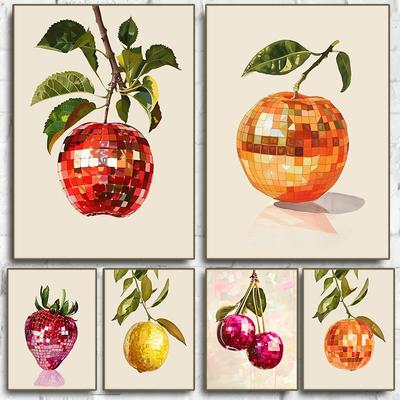 Pôster Bola de Espelhos Frutas Retrô Laranja Maçã Morango Divertido Bola de Espelhos Disco Pintura em Tela Arte de Parede Tendência Decoração de Bar em Casa